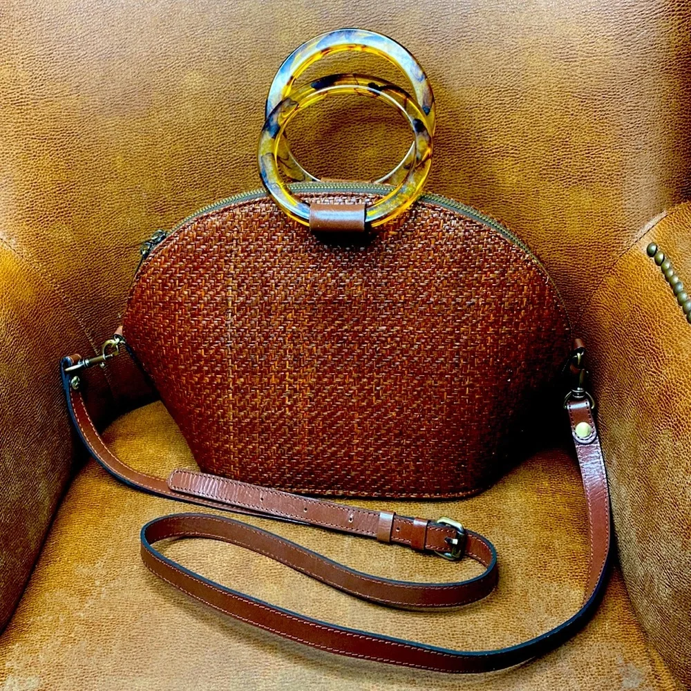 Patricia Nash Brown Woven Dome Bag with Tortoiseshell Ring Handles